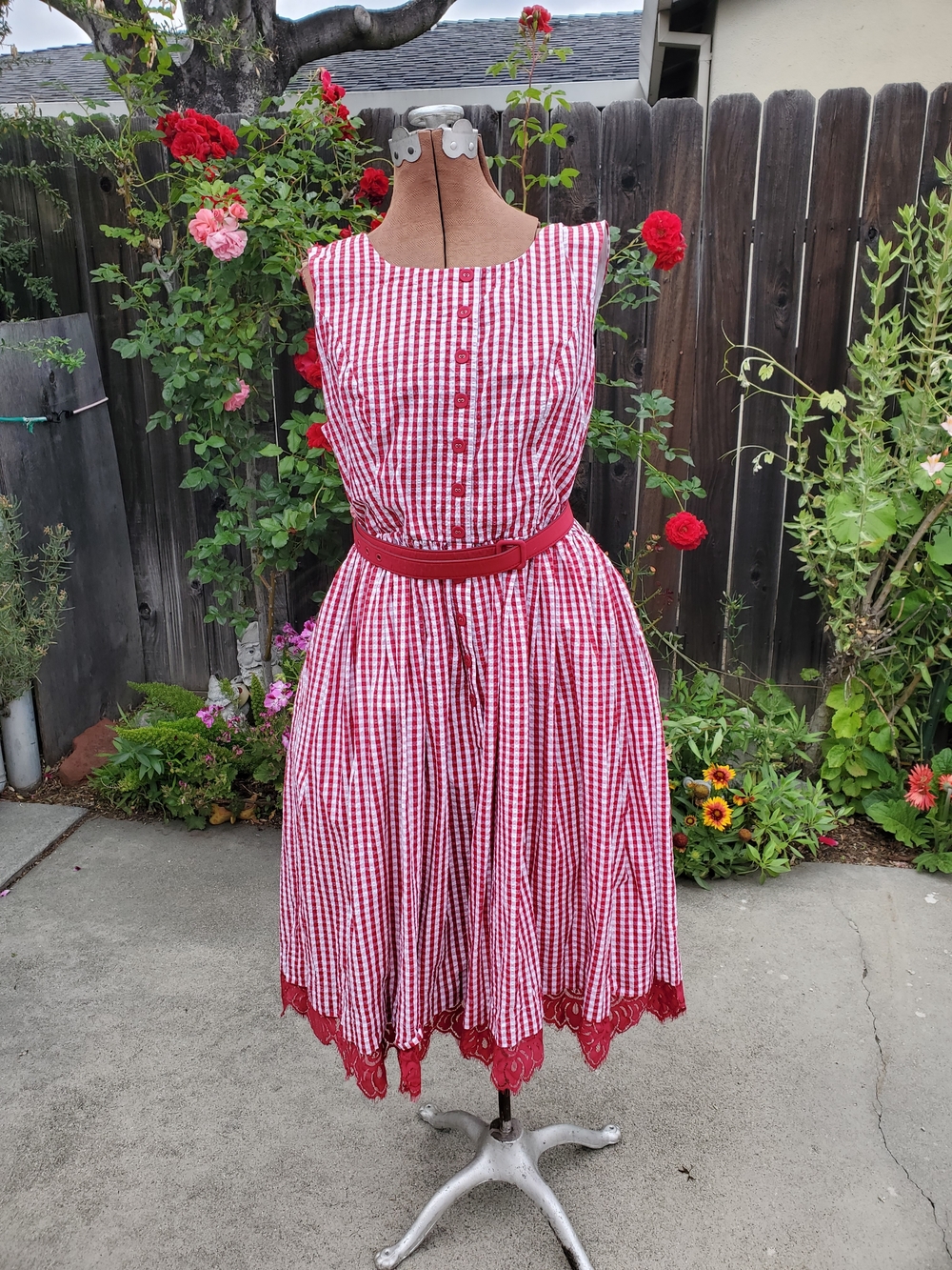 Kitten D'Amour Red Gingham Sleeveless Midi Dress with Lace Hem